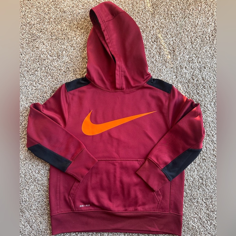 Nike Boys Dri-Fit Burgundy Hoodie with Orange Swoosh